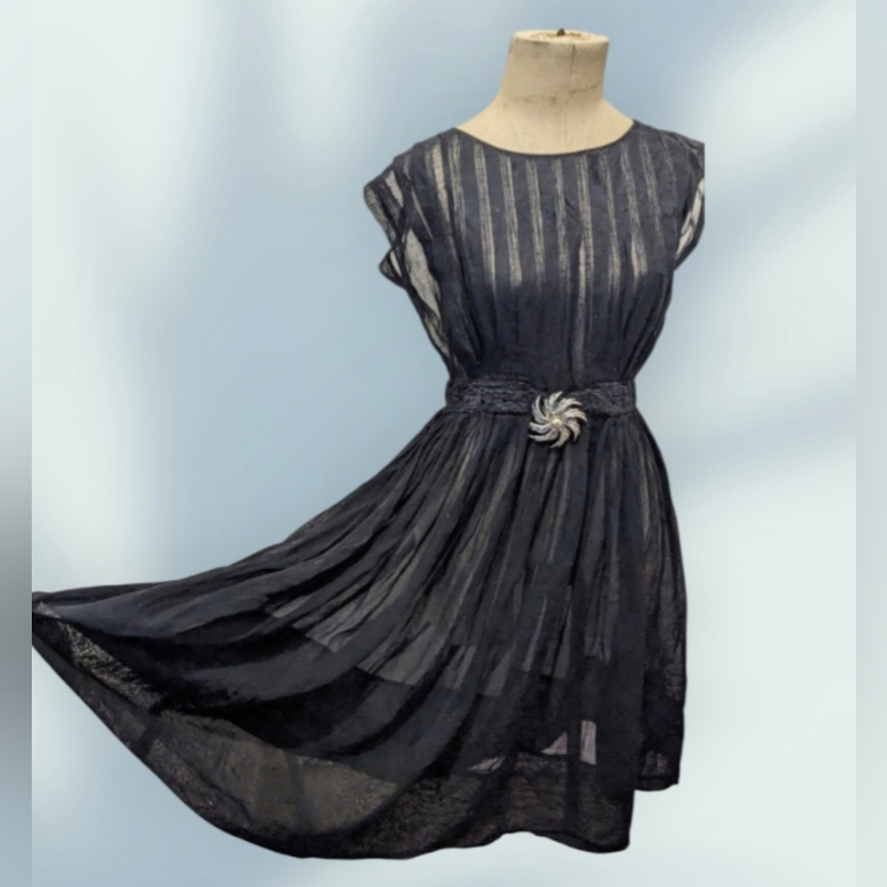 FINAL MARKDOWN 1950s R&K Originals Vintage Black Voile Fit and Flare Dress S
